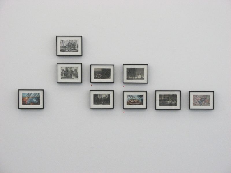 Click the image for a view of: Scored Postcards I - IX . 2011. Ink on postcards. Installation view